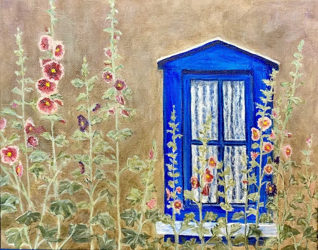 Hollyocks by the blue window