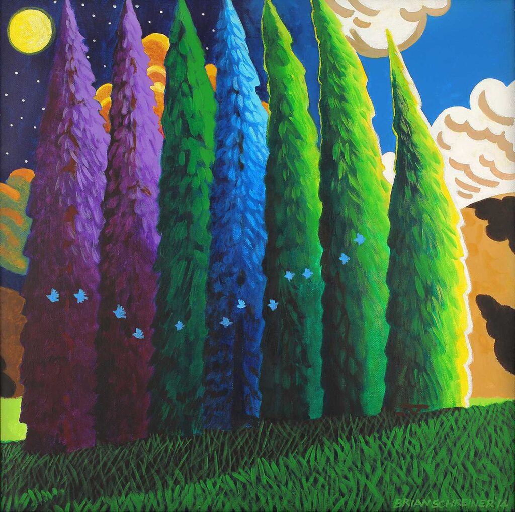 Bluebirds Flying Through The Trees in the Night Sky